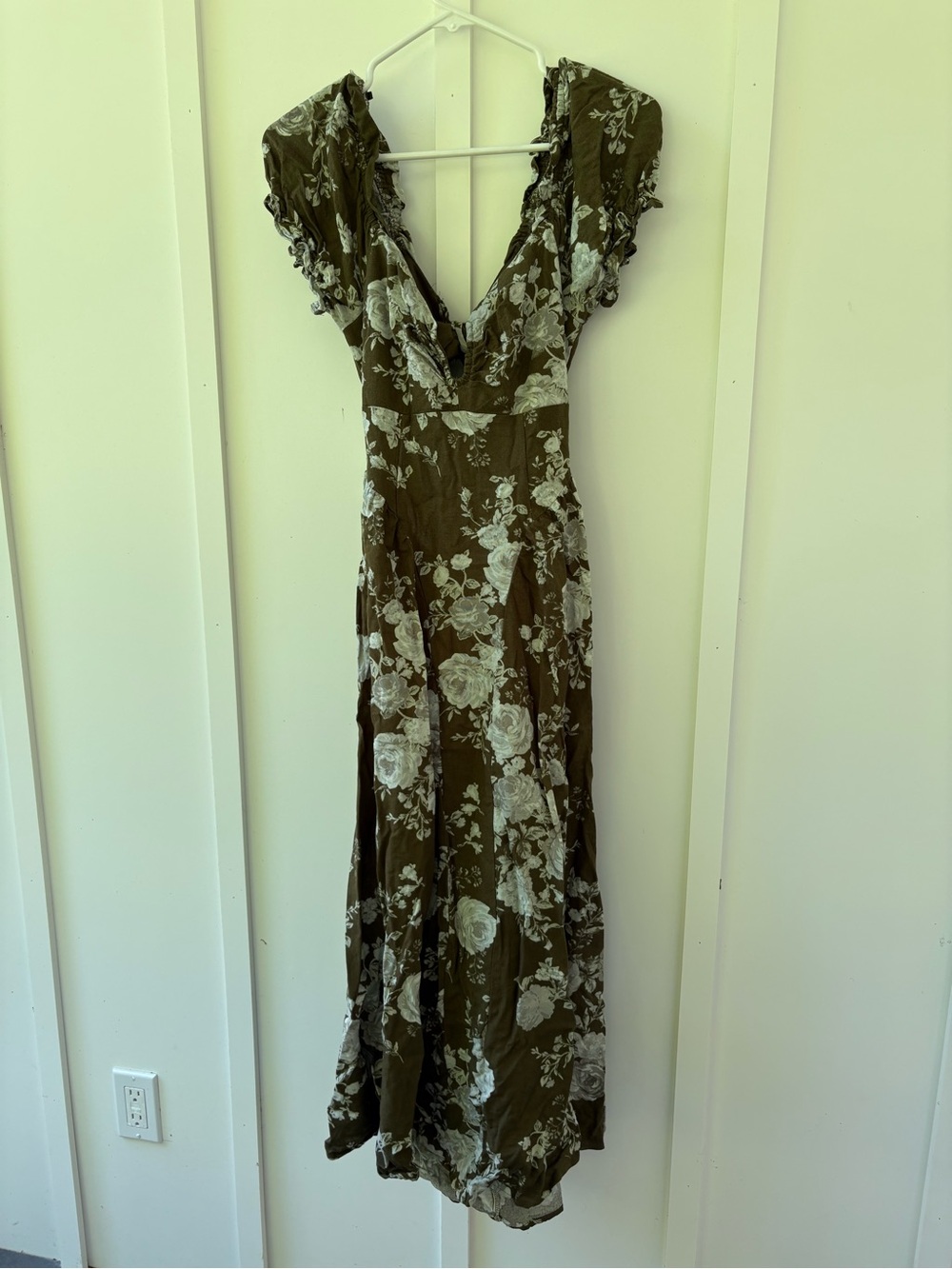Olive Floral V-Neck Maxi Dress